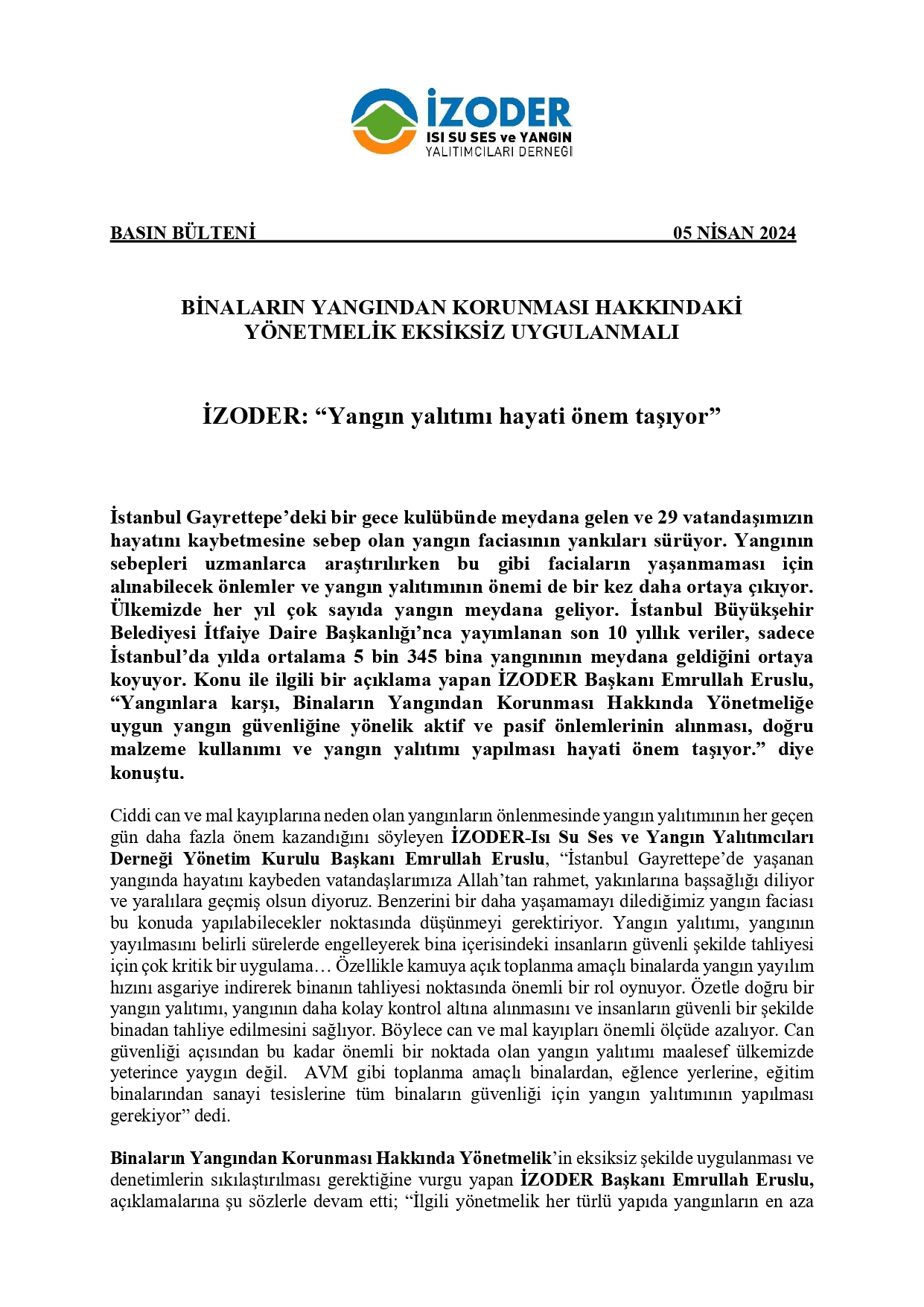 Yangın Yalıtımı Basın Bülteni